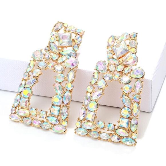 Yellow Gold with Iridescent AB Crystal Geometric Rectangle Post Back Earrings - Picture 2 of 6